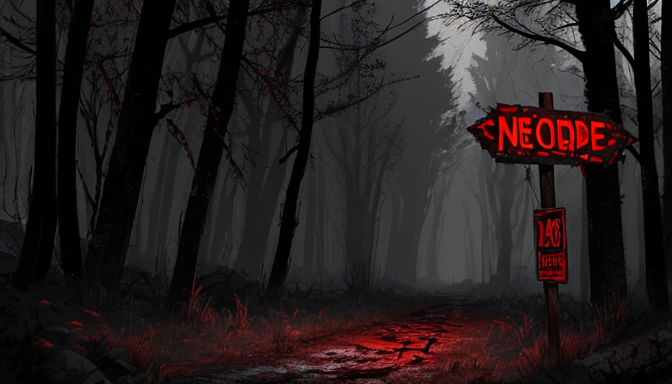An AI generated dark path in the wilderness with a blood-smeared sign containing the text Ne-Ode (https://dezgo.com/txt2img)